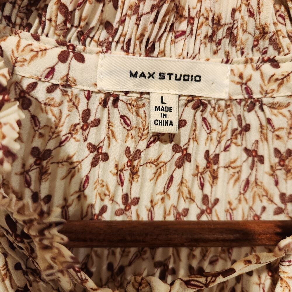 Max Studio Ivory Floral Wrinkled Tied Ruffle Neck Blouse Size Large Boho Career - Picture 3 of 11